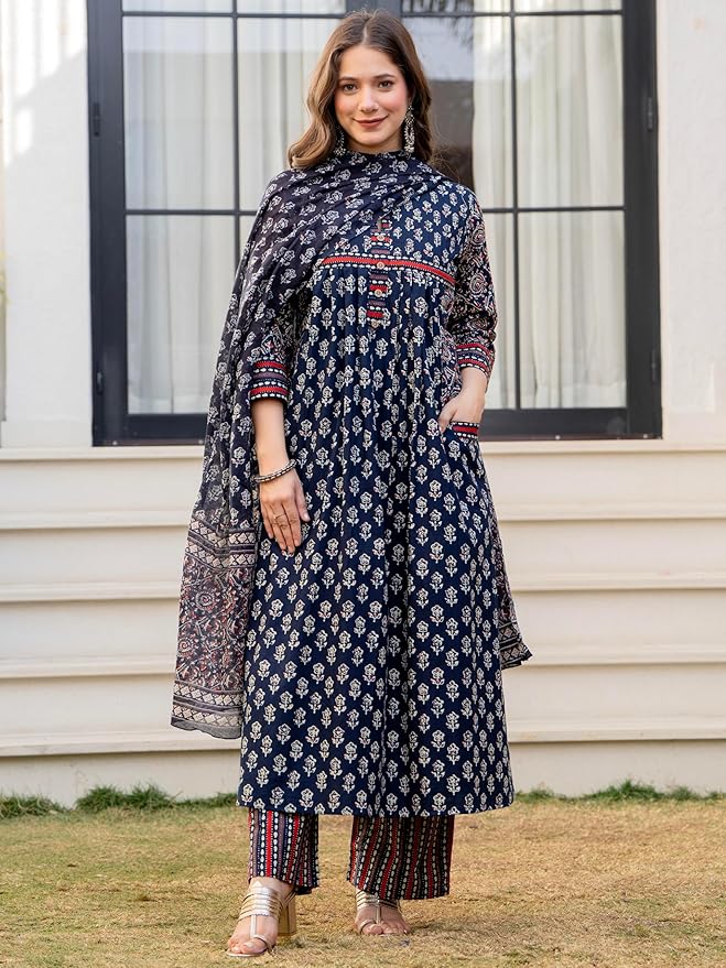 Amayra Women's Pure Cotton Printed A-Line Kurta Set with Palazzo Pants & Dupatta- Ethnic Wear