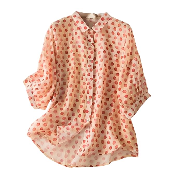 Gufrina Women’s Button Down Shirt with Relaxed Fit and Three Quarter Sleeves Featuring Polka Dot Print (TOP-130)