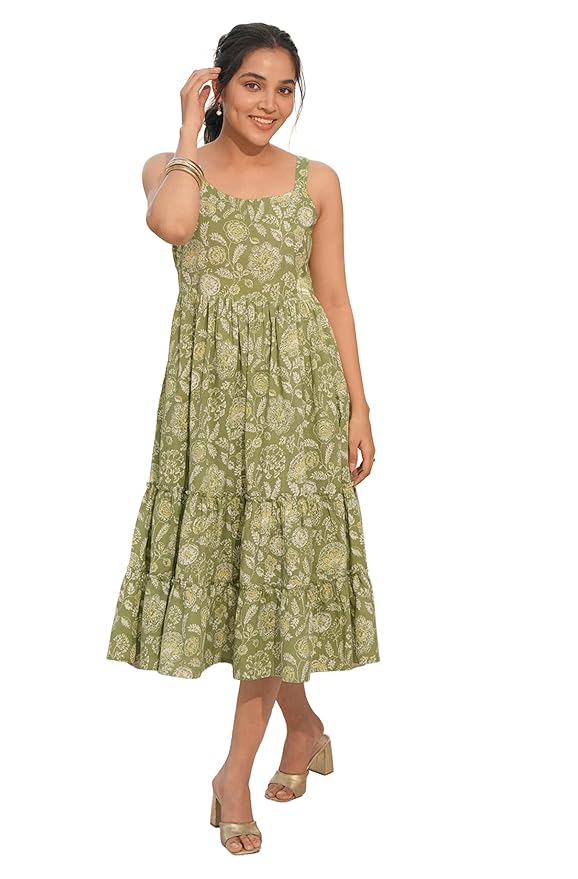 Janasya Women's Sage Green Pure Cotton Floral Printed Tiered Dress