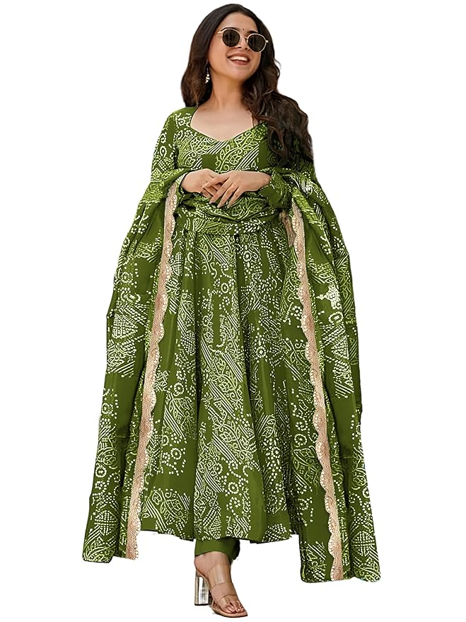 Pinkmint Women's Bandhani Print Flared Anarkali Muslin Regular Fit Kurta Set with Pant & Stylish Dupatta Ethnic Long Sleeve Dress Suit Set