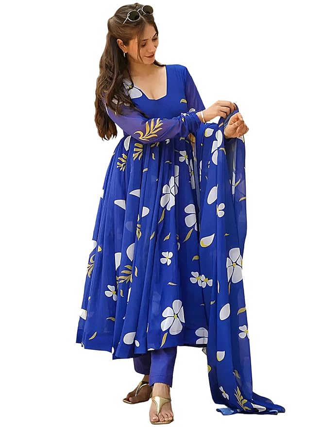 Pinkmint Anarkali Flower Printed Long Sleeve Muslin Kurta Set & Soild Pant with Matching Dupatta l Elegant Square Neck Ethnic Wear for Casual Occasions