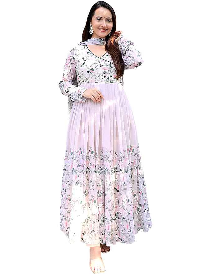 Pinkmint Muslin Anarkali Angrakha Printed Kurta & Soild Pant with Stylish Dupatta l Graceful Ethnic Gown Set for Festive Occasions