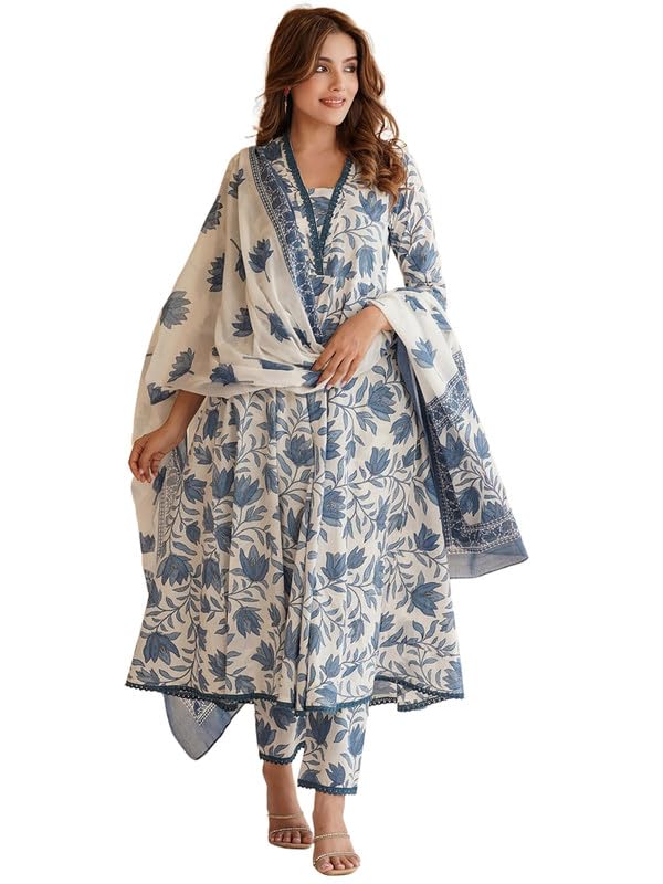 Pinkmint Women's Cotton Blend Off White Floral Printed Kurta with Pant & Dupatta l Stylish Festival wear (Pack of 1)