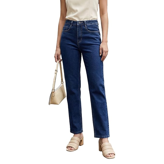Urbano Fashion Women's High Rise Straight Fit Washed Jeans Non-Stretchable
