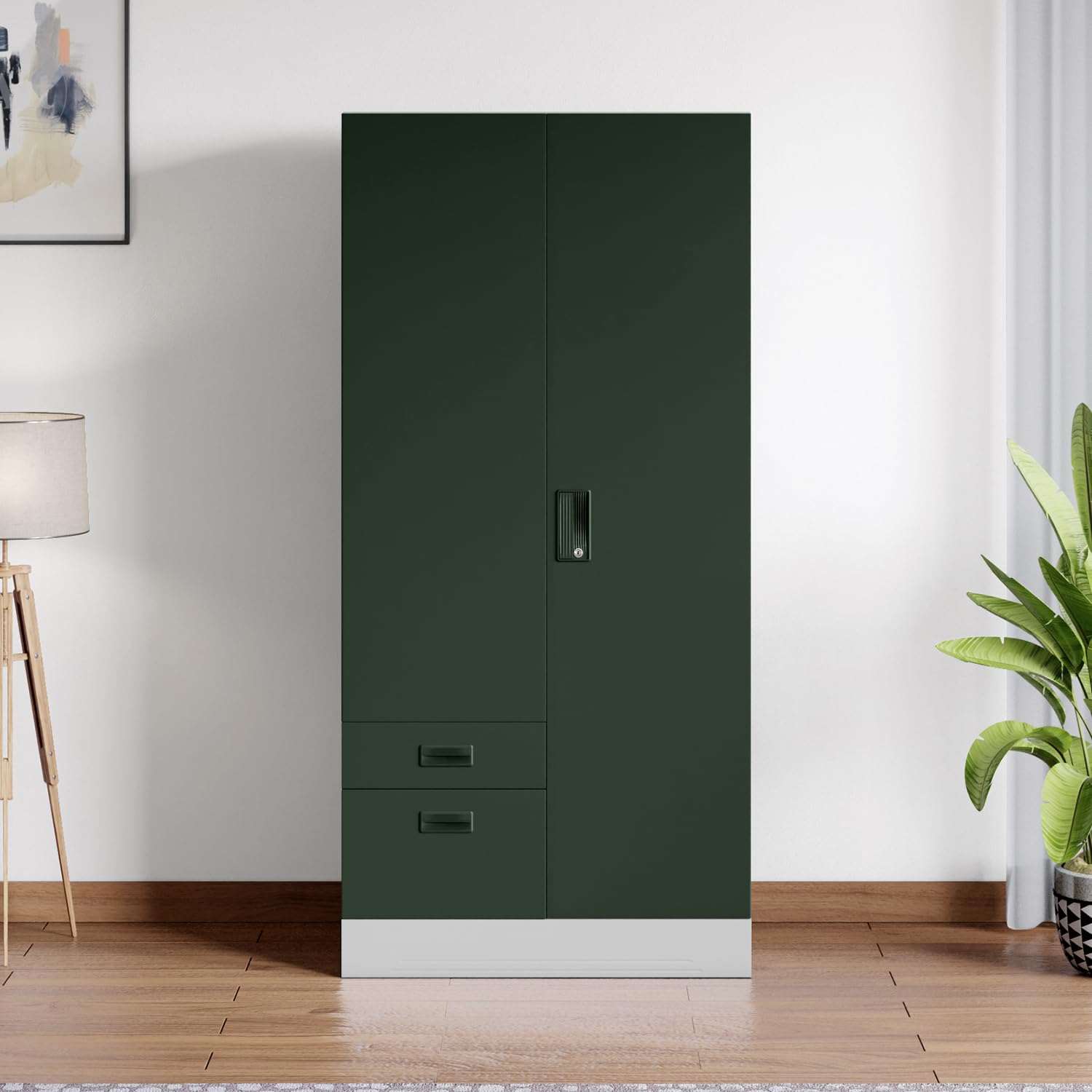 Interio by Godrej Slimline Dual 2-Door Steel Almirah with Mirror (Rainforest), 1-Year Warranty, 1 Locker, 2 Drawers