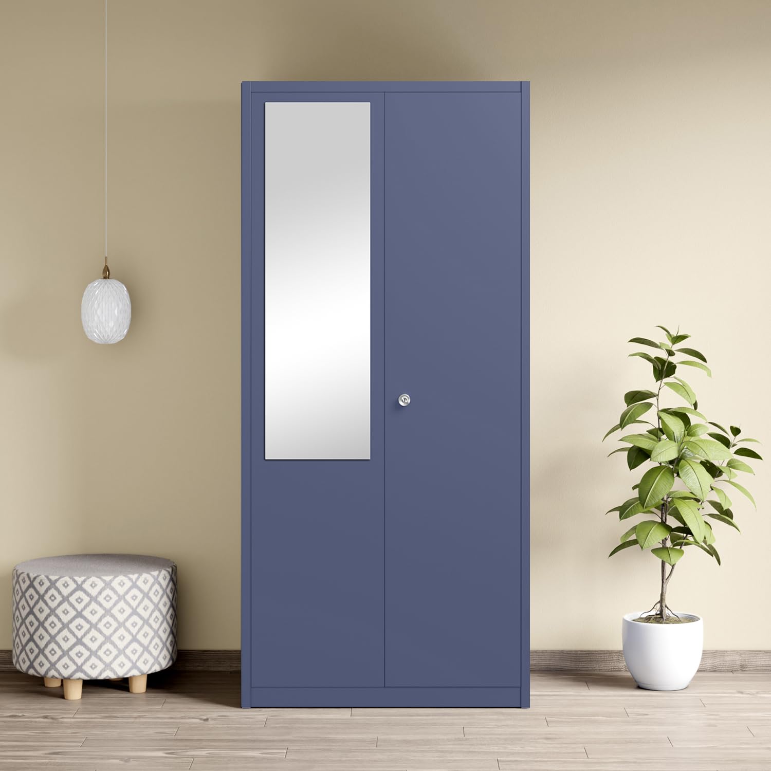 Interio by Godrej Errol 2-Door Steel Almirah with Mirror (Textured Phiroja Blue), 1-Year Warranty, 1 Locker, 1 Drawer, 5 Shelves