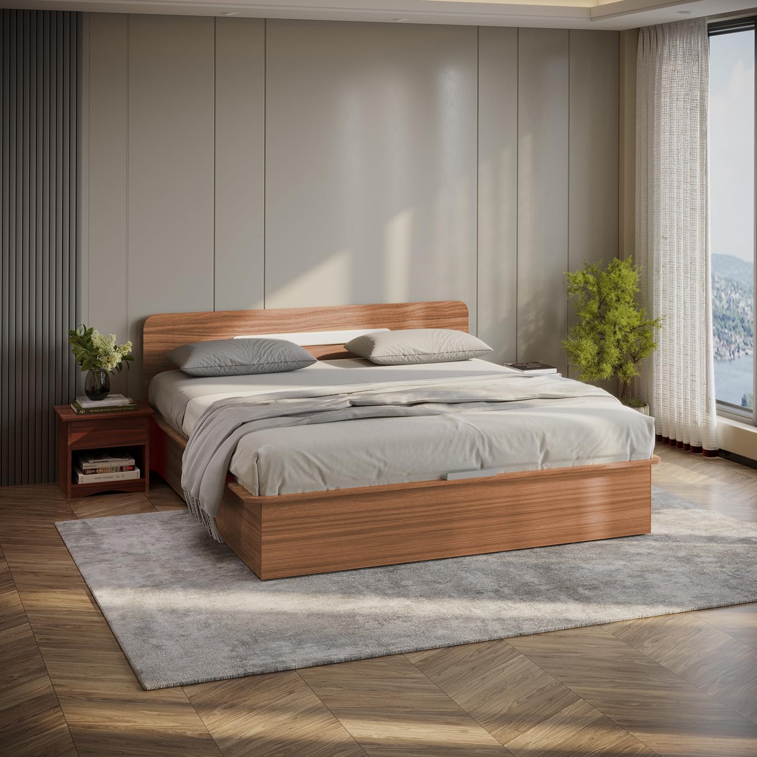 Interio by Godrej Bed, Juno King Size Engineered Wood Bed with Box Storage, 1-Year Warranty, Brown, Prelaminated Particle Board