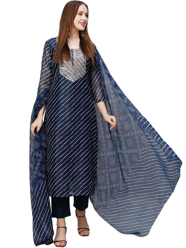 Pinkmint Women Cotton Blend A-Line Printed Kurta with Pant & Dupatta