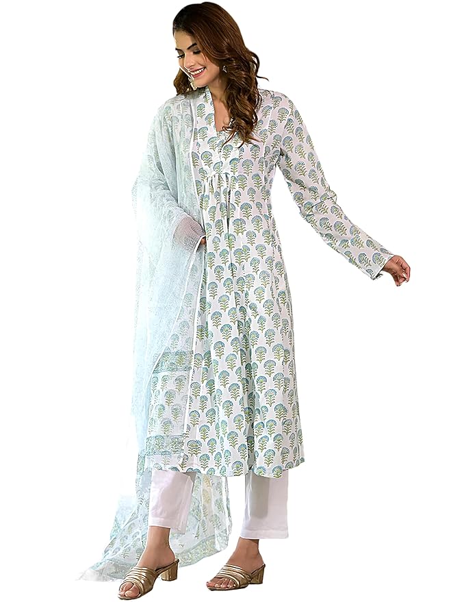 Pinkmint Women's Printed V Neck Muslin Kurta & Straight Pants with Fancy Dupatta l Festive & Celebrations Ethnic Suit Set