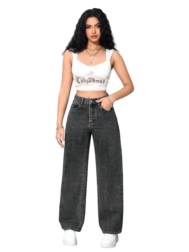 KOTTY Women’s High Rise Wide Leg Jeans|Cotton Blend Straight Fit Denim|Trendy Comfortable Casual Wear