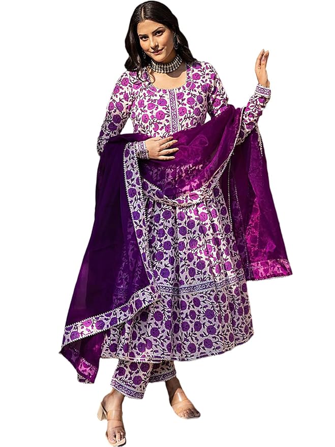Pinkmint Women's Ethnic Muslin Anarkali Long Sleeve Kurta Set Pant with Dupatta l Traditional Suit for Fetive, Wedding Weat