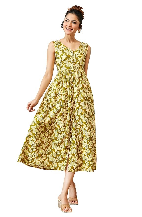 Janasya Women's Olive Green Pure Cotton Floral Printed A-line Dress