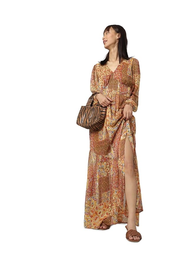 ONLY Women's Brown & Red Ethnic Motifs Maxi Maxi Dress