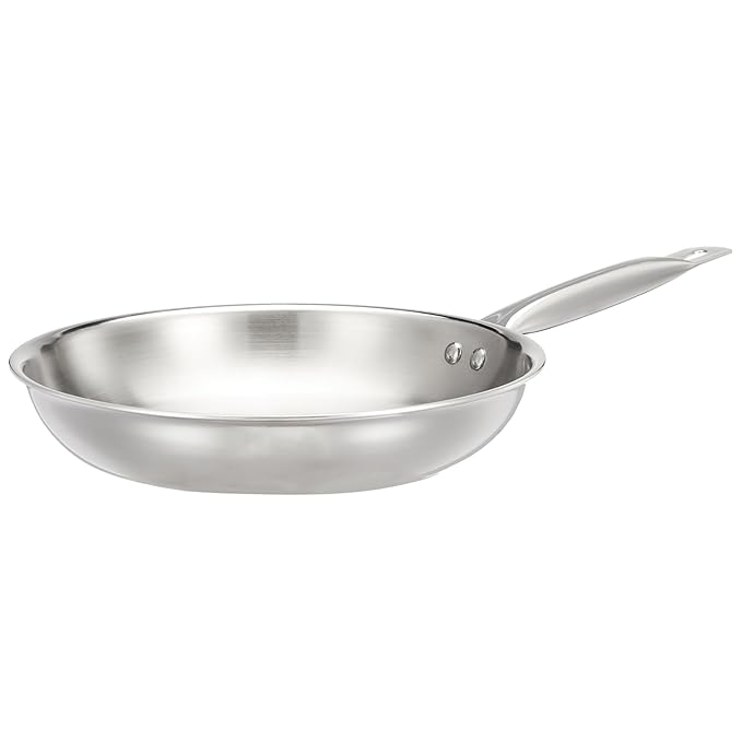 Amazon Brand - Solimo Triply Frying Pan | Induction and Gas Stove Compatible | Three-Layer Durable Construction | Uniform Heating | 43.4 x 25.7 x 7.7 cm | Medium | Dia: 24 cm, Stainless Steel, Silver