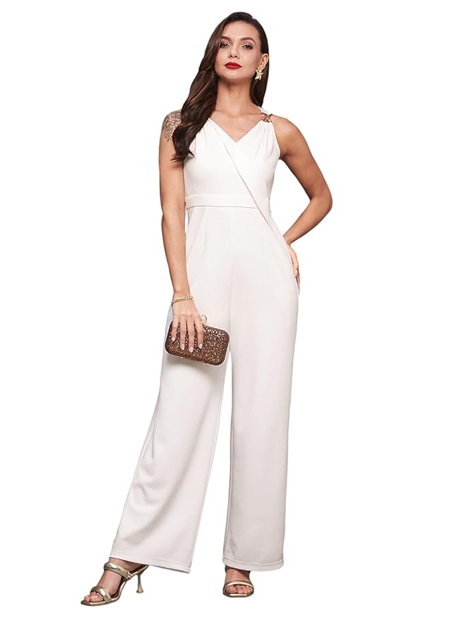 Miss Chase Women's Wine V-Neck Sleeveless Solid Wrap Regular Jumpsuit