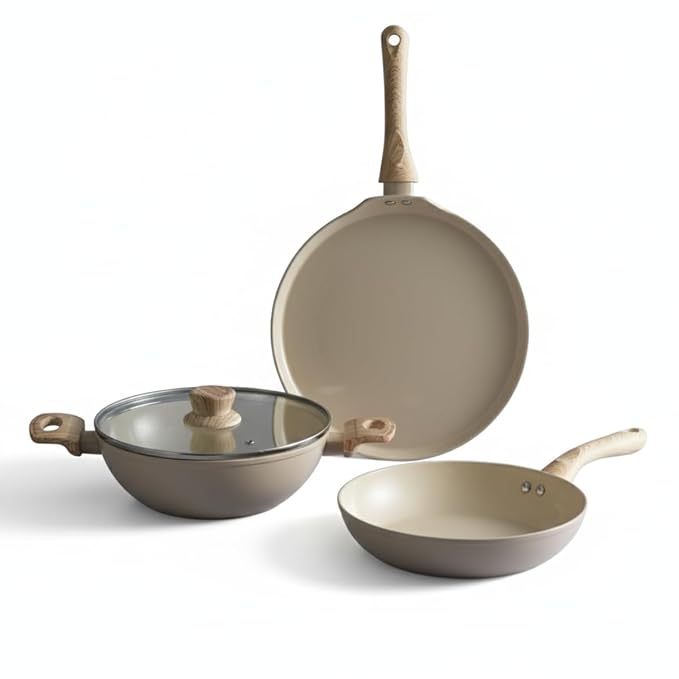 Lifelong 3 Piece Forged Cookware Set With Common Lid |2.2L Kadhai with Lid 24cm |Ceramic Coated |1.4L Fry Pan 24cm | 1.2L Tawa 26cm |Induction & Gas Compatible | Non-Riveted Handle | Non-Stick Coating
