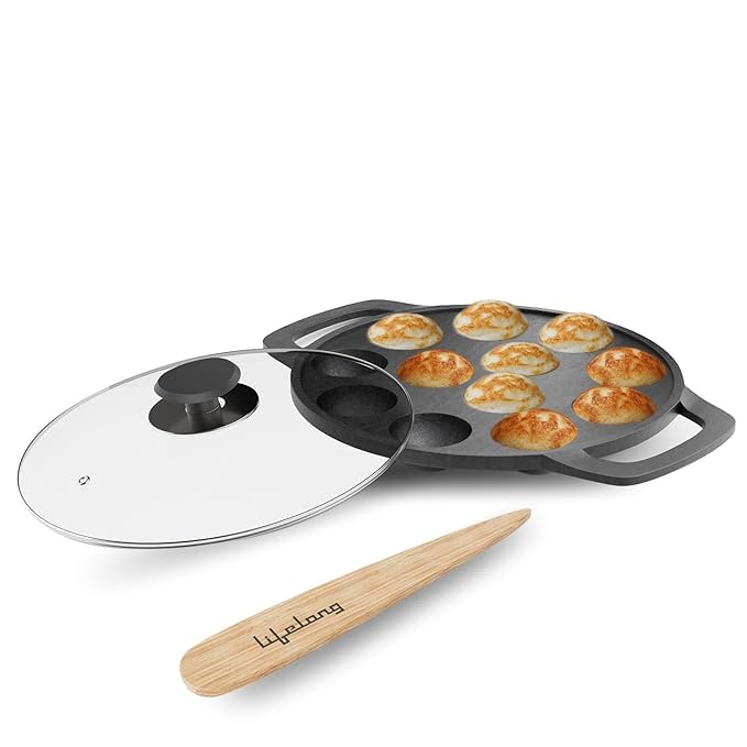 Lifelong Cast Iron Paniyaram Pan with Glass Lid |12 Pits|2.38kg Pan |Pre-Seasoned Appam Pan,Unniyappam Chatty,Large Non-Toxic Cookware,Non-Stick & Teflon Free,Durable for Easy Cooking &Cleaning,Black|Induction and Gas Stove Compatible
