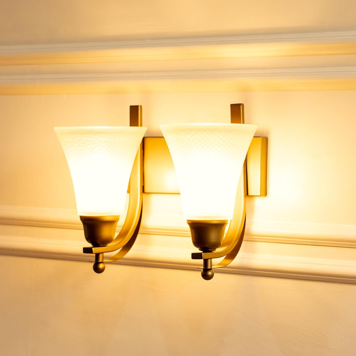 Divine Trends Antique Brass Finish Double J Wall Light with Frosted Hammered Glass Shade for Living Room, Bedroom, Home Decoration, Hotel Wall Lamp Pack of 1