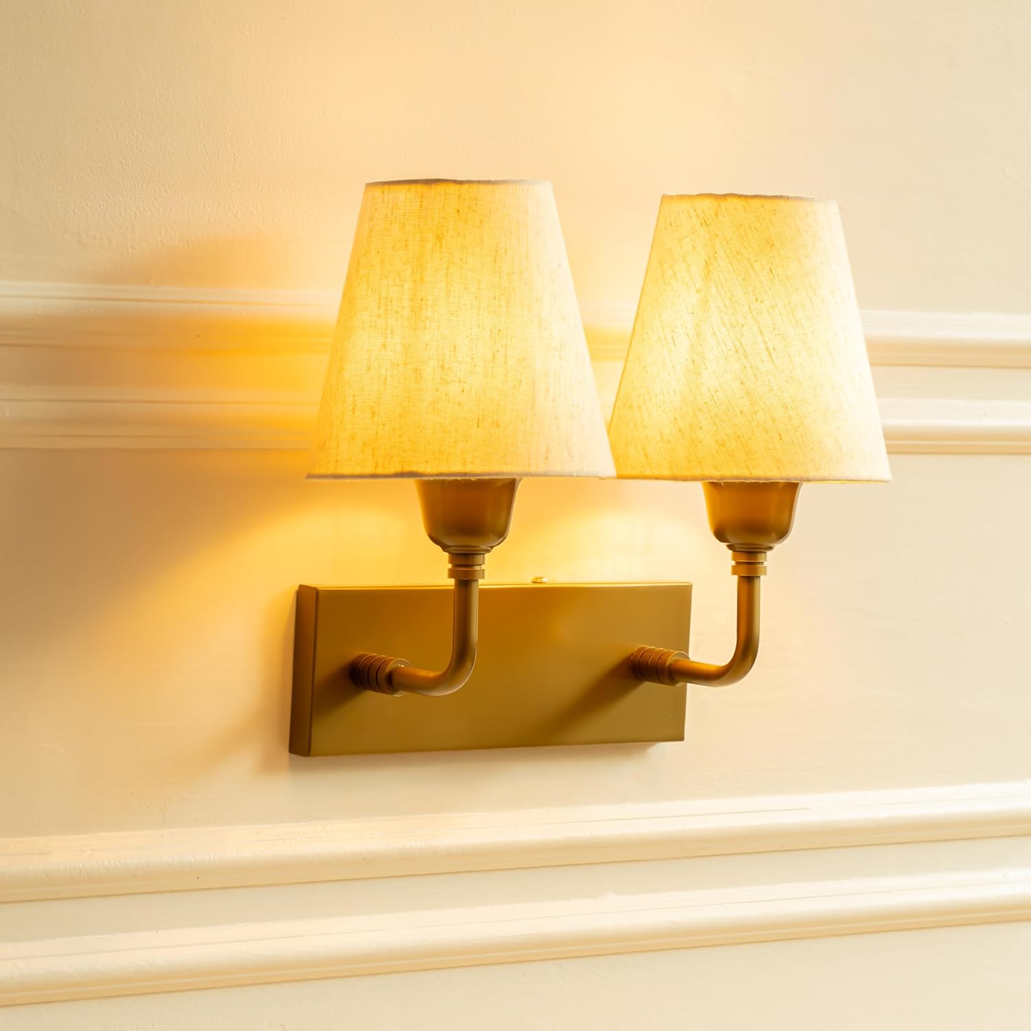 Divine Trends Antique Brass Finish Double Elbow Wall Light with Off White Shade for Living Room, Bedroom, Home Decoration Wall Lamp Pack of 1