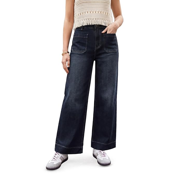 Urbano Fashion Women's Mid Rise Wide-Leg Washed Jeans Non-Stretchable