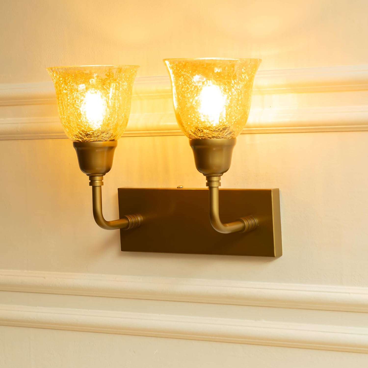 Divine Trends Antique Brass Finish Double Elbow Wall Light with Cup Crackled Glass Golden Luster for Living Room, Bedroom, Home Decoration Wall Lamp Pack of 1