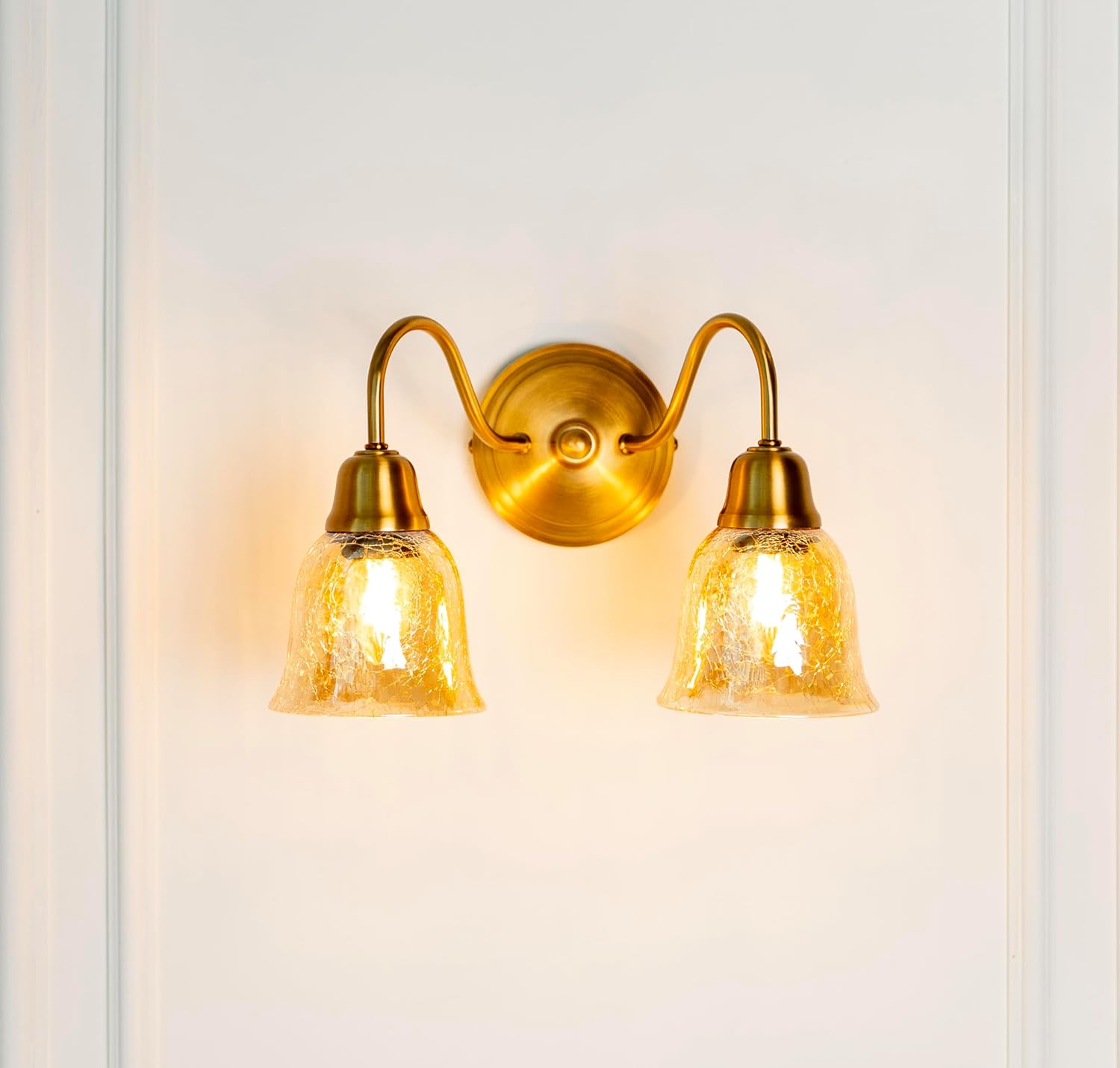 Divine Trends Double Curve Wall Lamp Antique Brass Finish with Cup Crackled Glass Shade for Living Room, Bedroom, Home Decoration Wall Light - Pack of 1