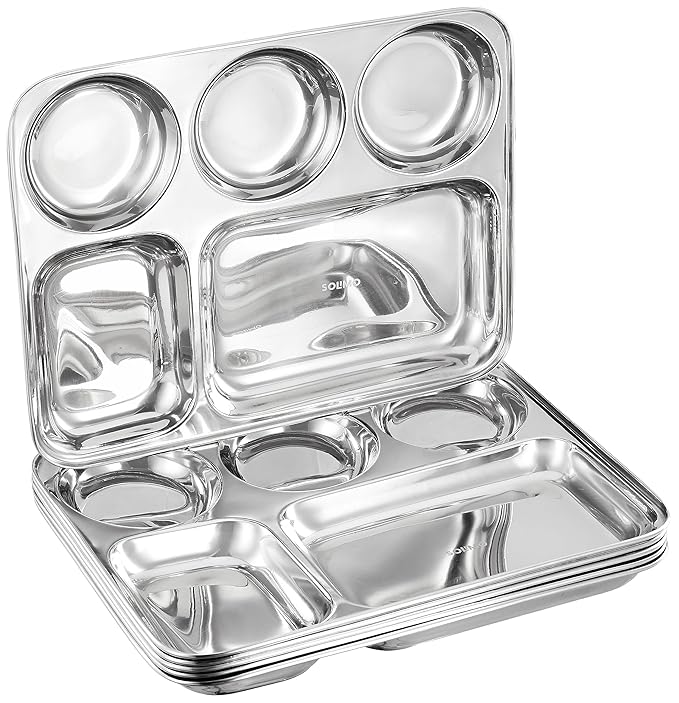 Amazon Brand - Solimo Stainless Steel Rectangular 5 in 1 Divided Compartment Thali Plate | Set of 6 | Partition Bhojan Lunch Dinner Mess Tray