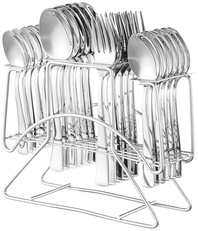 Amazon Brand - Solimo Stainless Steel 24 Piece Cutlery Set with Stand|6 Tea Spoons,6 Snack Spoons,6 Spoons&6 Forks|Mirror Finish