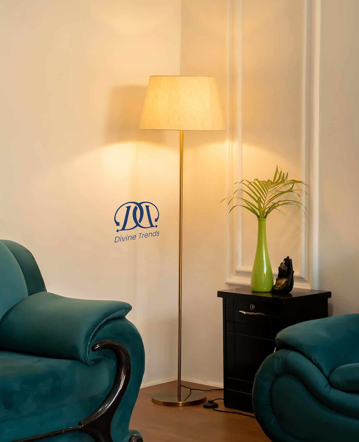 Divine Trends Floor Lamp LED, Incandescent Standing Modern Antique Brass Finish 5Ft Height with 16 Inches Off White Lampshade for Living Room Corner, Home, Hotel, Office Pack of 1 - Led Bulb Included
