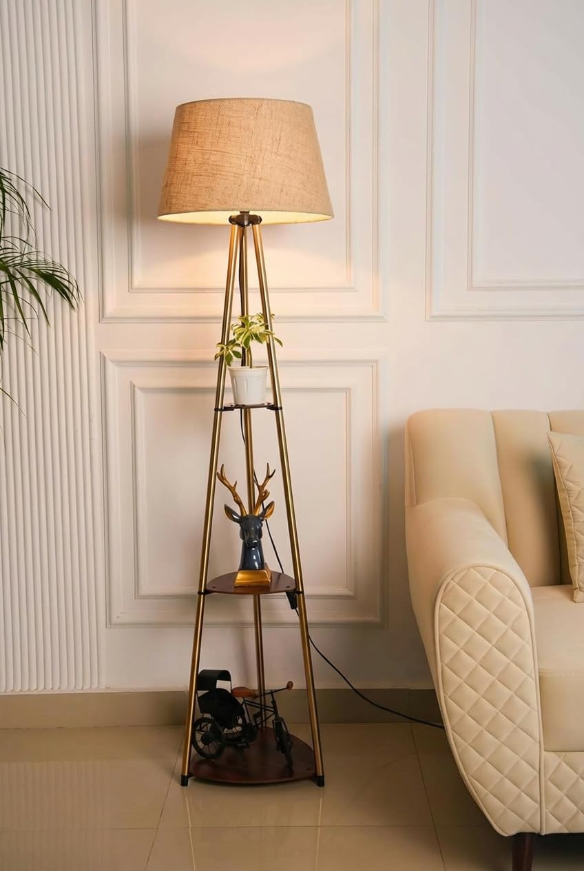Divine Trends 3 Shelves Floor Lamp Brass Antique Finish 5 Feet Height with 16” Diameter Natural Jute Shade for Living Room, Bedroom, Home Decoration | Led Bulb Included - Pack of 1