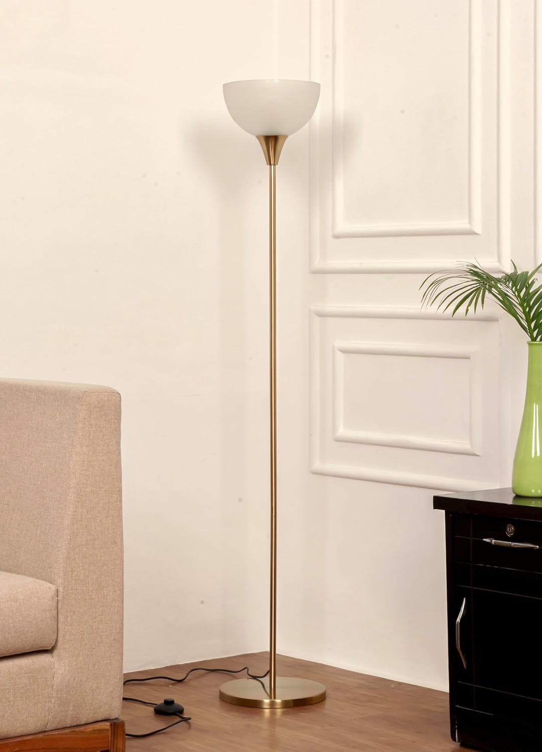 Divine Trends Uplighter Brass Antique Finish Floor Lamp for Living Room with Frosted Glass Lampshade | Includes LED Warm Bulb | Hidden Wire Design | Uplight Corner Standing Lamp for Home | Pack of 1