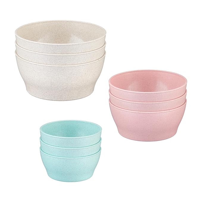 Amazon Brand – Solimo Eco-Friendly Biocomposite Mixing Bowl Set | Rice Husk & Bamboo Fibre | Microwave & Dishwasher Safe | BPA-Free Snacks Serving Bowls | 300ml, 600ml & 1000ml | Set of 9