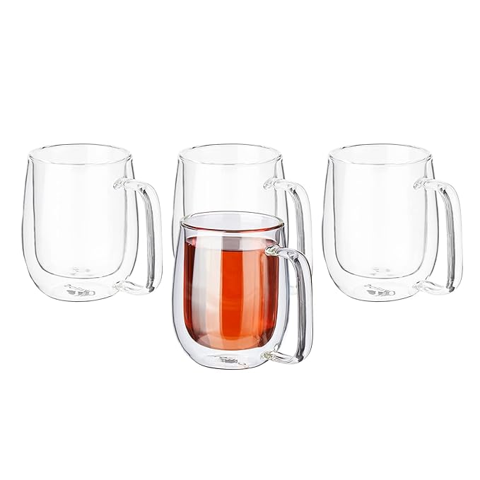 Amazon Brand - Solimo Borosilicate Glass Double Wall Tea Cup | Heat Resistant Crystal Clear Glass Mug | Ideal for Tea, Coffee, Espresso & Other Beverages | 250 ML – Set of 4