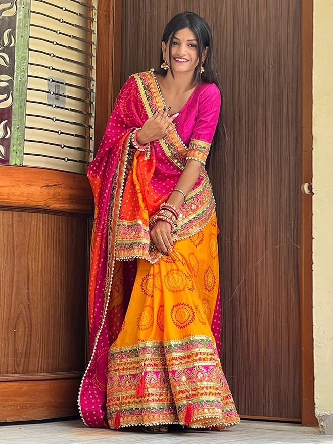 Yashika Women's Georgette Art Silk Bandhej Zari Work Embroidered Saree | Women Sari