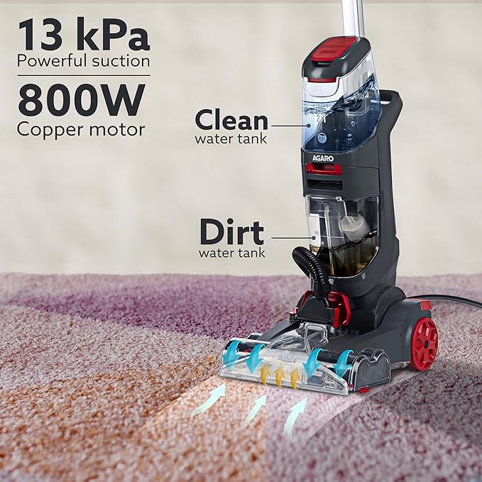 AGARO Elite Upright Wet & Dry Carpet Cleaner, Deep Clean Carpet with Wet & Dry Vacuum, Spot Cleaner, 800W, 13.5 kPa Powerful Suction Pressure, 2 in 1 Handheld Upholstery Stain Remover Machine