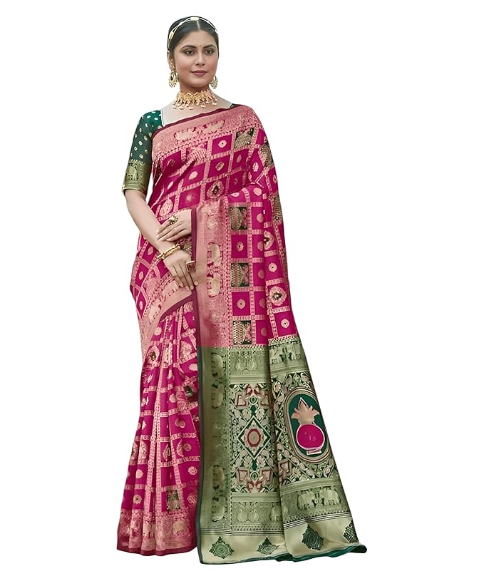 Yashika Women's Banarasi Kanjivaram Silk Woven Saree | Animal Printed Patola Silk Saree for Women