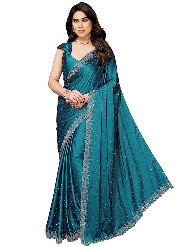 Yashika Women's Hot Fix Work and Solid Color Satin Moss Saree With Unstitched Blouse Material