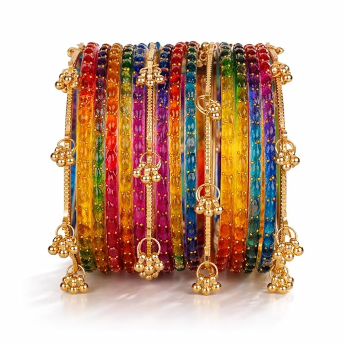 Shining Diva Fashion 16 Pcs Trendy Stylish Glass & Kashmiri Ghungroo Bangles Set for Women & Girls | Latest Traditional Festive Wedding Party Jewellery