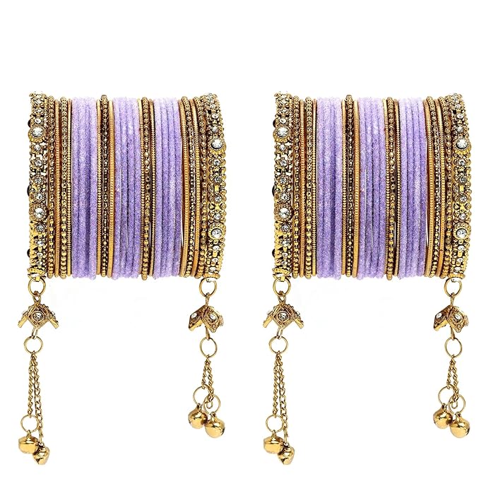 ZENEME Gold-Plated Matte Finish Velvet Cubic Zirconia Studded Tasselled Bangles Set Of 56 For Girls And Women|Combo Set