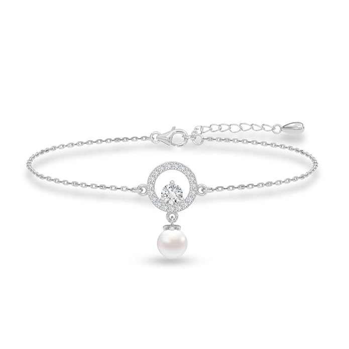 CLARA 925 Sterling Silver Dante Pearl Pendant Earrings Chain Bracelet Ring for Women & Girls| Platinum Plated | Gift for her
