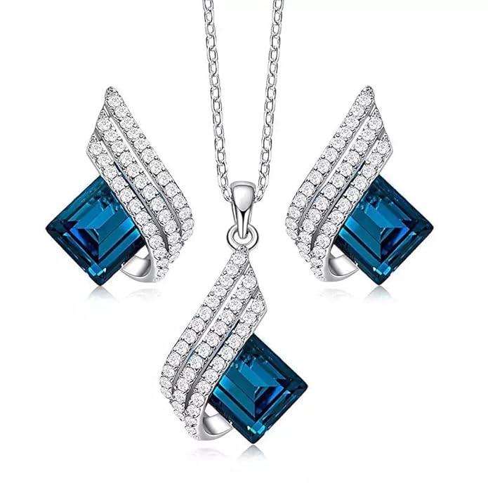 Shining Diva Fashion Angel Wings Platinum Plated Crystal Pendant Necklace Jewellery Set for Women and Girls (Blue) (14622s)