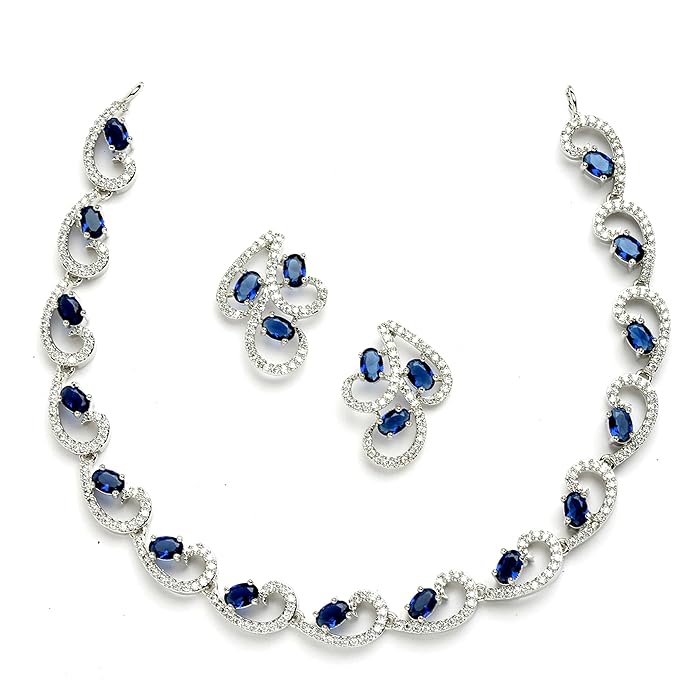 ZENEME Rhodium-Plated with Silver-Toned White Cubic Zirconia & American Diamond studded Necklace and Drop Earrings Jewellery Set for women