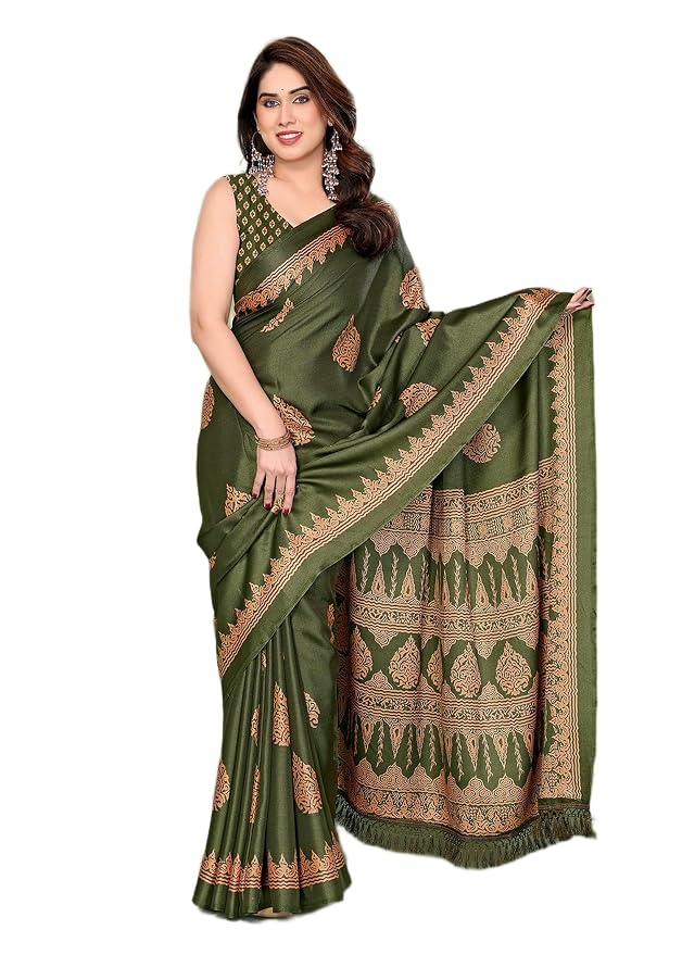 Amazon Brand - Tavasya Womens Blocked Printed Daily Wear Chiffon Georgette Saree With Blouse