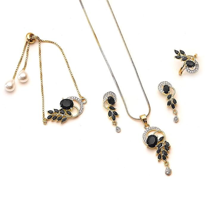 ZENEME Jewellery Set American Diamond Gold Plated Traditional Style Necklace Pendant Set, Ring, Bracelet with Earring Jewellery for Women and Girls