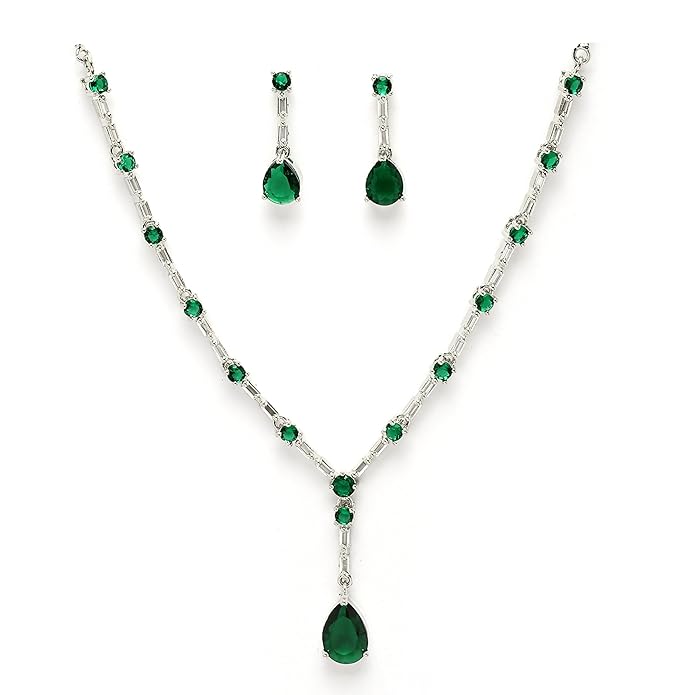 ZENEME Jewelry Luxury Green American Diamond Crytal Sleek Silver Plated Necklace Jewellery Set For Women & GIfts For Girls