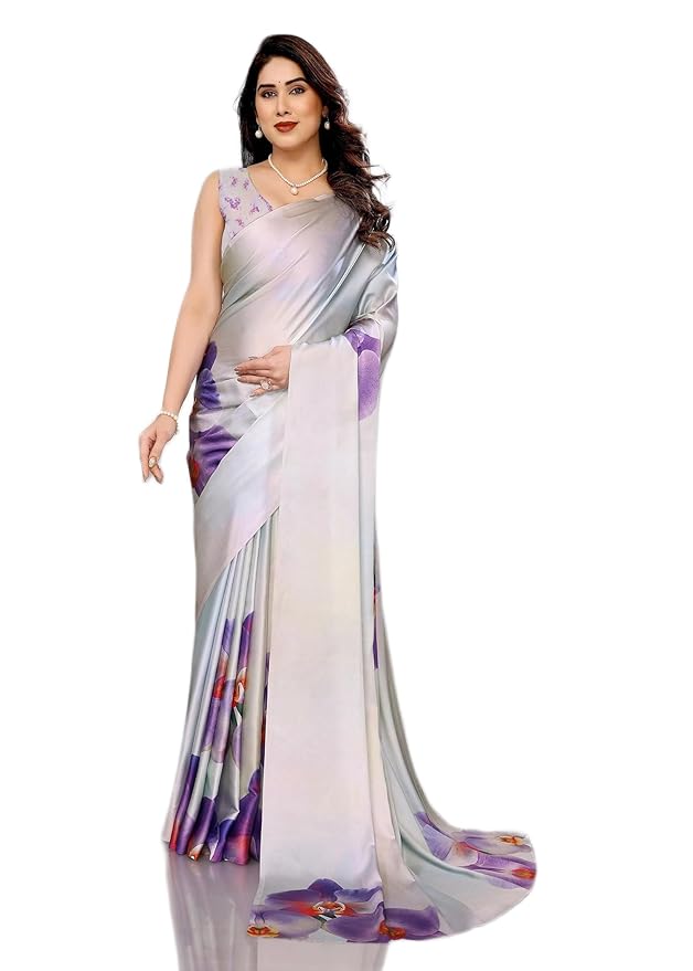 Amazon Brand - Tavasya Floral Print Bollywood Satin Saree With Blouse