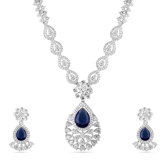 Rubans Necklace Set Teardrop American Diamond Zirconia Studded Stylish Jewellery Gift for Women & Girls