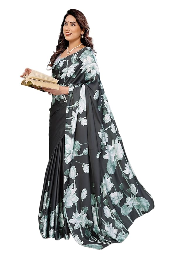 Amazon Brand - Tavasya Floral Print Bollywood Satin Saree With Blouse