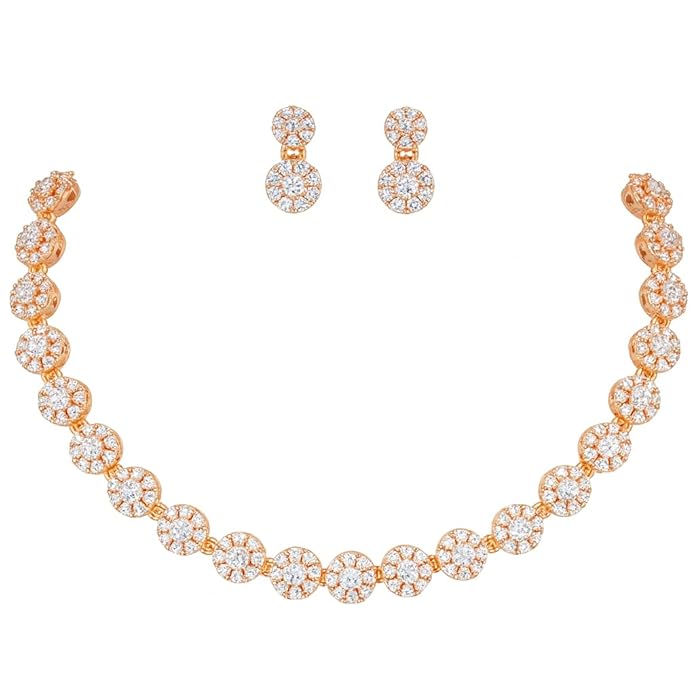 Nilu's Collection Rose Gold Plated | American Diamond Stone Studded | Anti Tarnish Jewellery Set for Women and Girls | Matching Earrings | Perfect for Weddings and Special Occasions