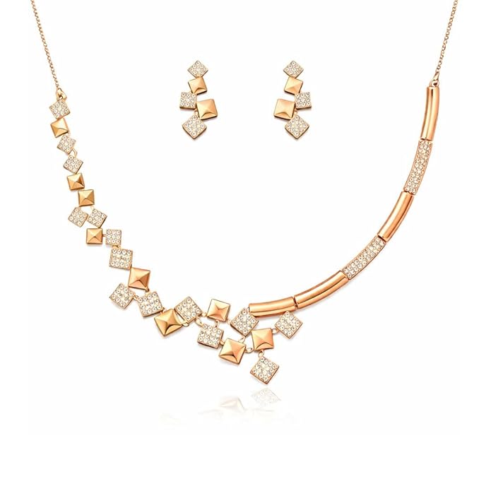 Nilu's Collection Rose Gold Plated AD Stone Jewellery Set for Women, Girls | Special Ocassion, Wedding, Engagement, Dating | Anti Tarnish | Anti Allergy | Necklace and Earring Set | Gift for Her